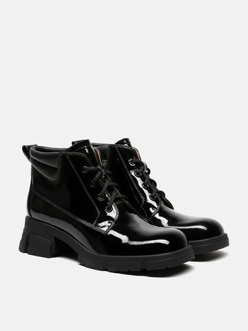 PAZZION, Kenzie Patent Lace Up Ankle Boots, Black